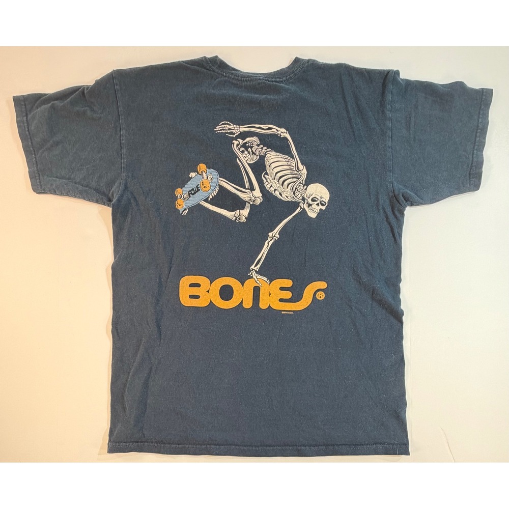 Powell Peralta Bones Wheels Skateboard Skeleton Graphic T-Shirt Navy Medium